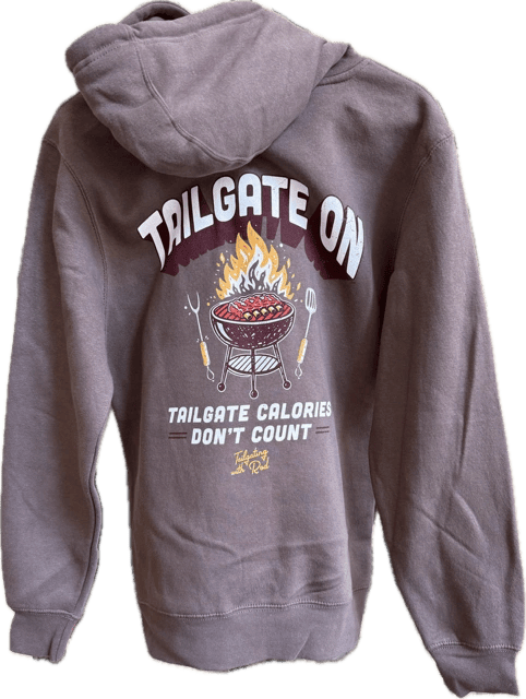 Hoodie with "Tailgate On" barbecue design.