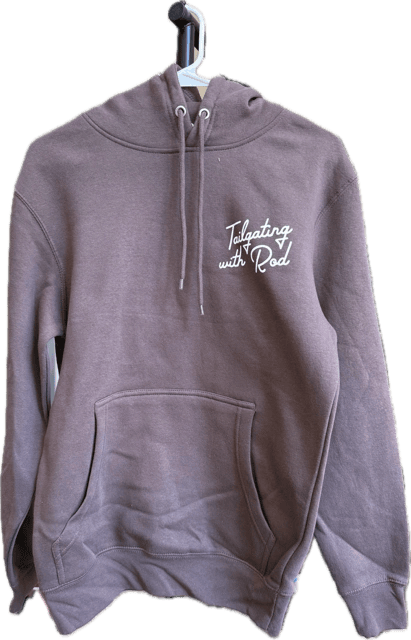 Gray hoodie with front pocket on hanger.
