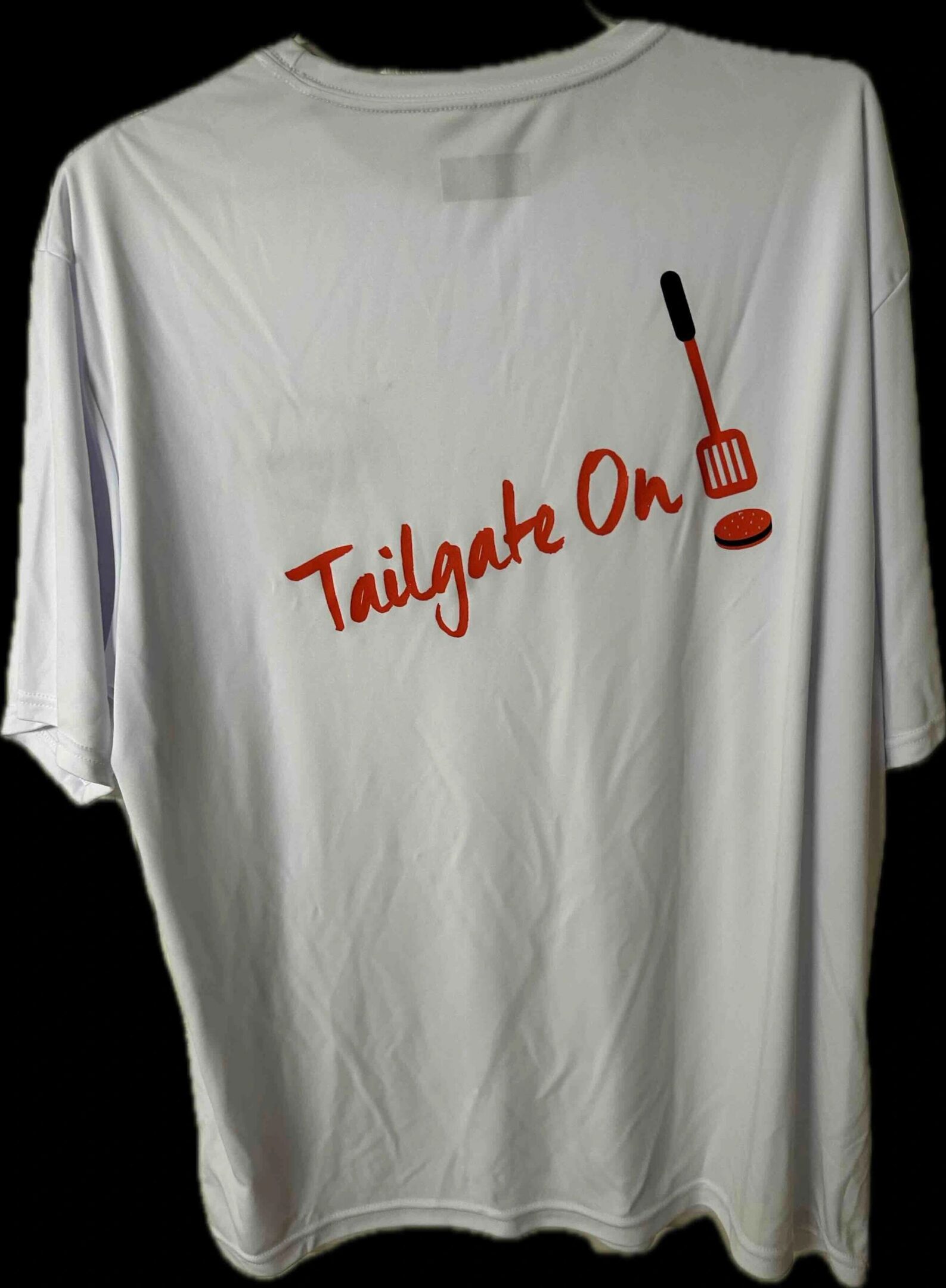 White t-shirt with "Tailgate On" text.