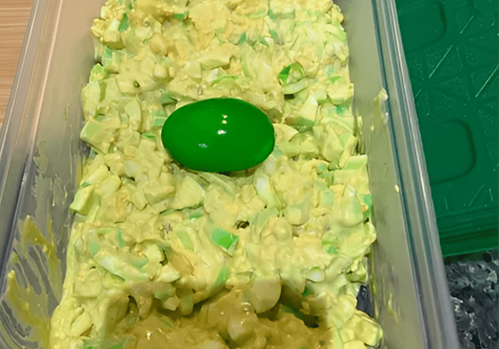 Egg salad with a green plastic egg.